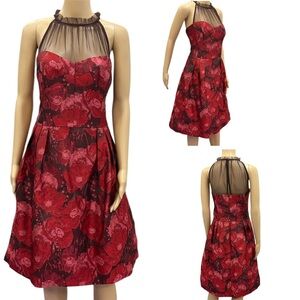 Maggy London Red Jacquard Cocktail Wedding Guest Illusion Yoke Dress Womens 16